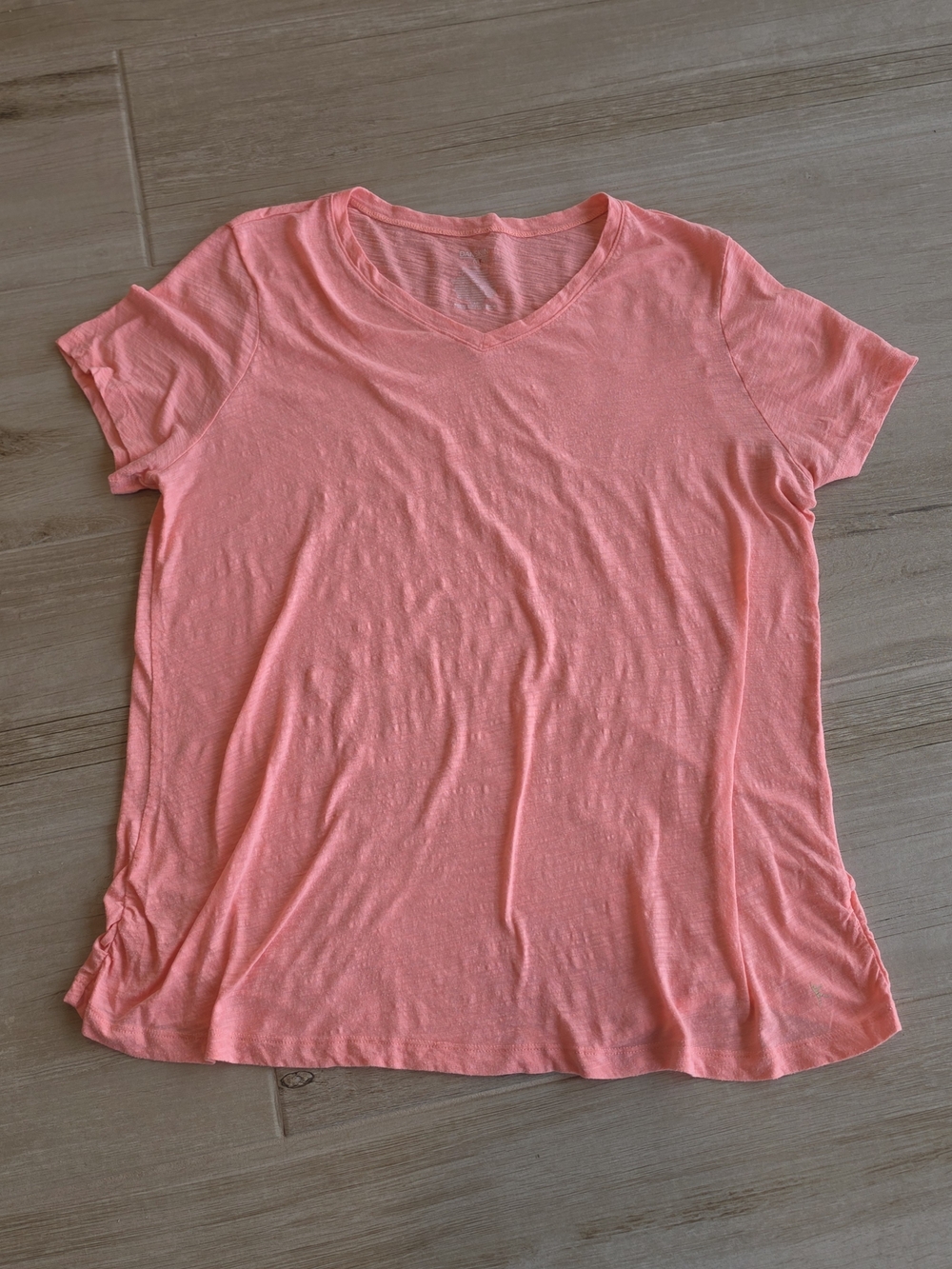 Danskin Now Women's V-Neck Short Sleeve Athletic Tee in Coral Pink 1X